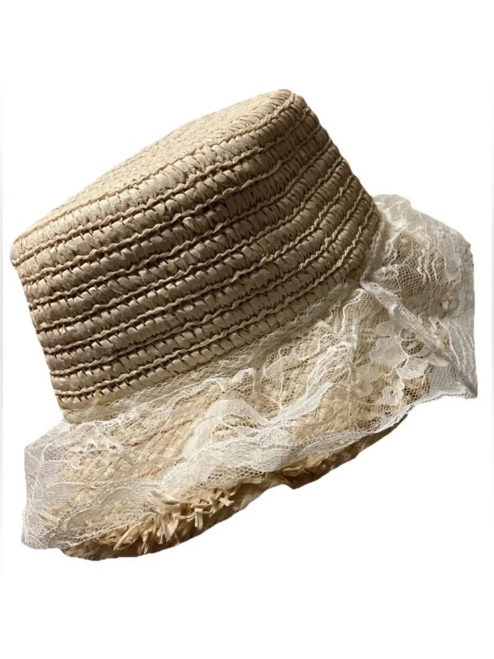 Beige Lace-Trim Straw Sun Hat - Women Accessories